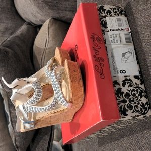 Naughty Monkey, White Upper Cork Wedges with Rhinestones, Size 8